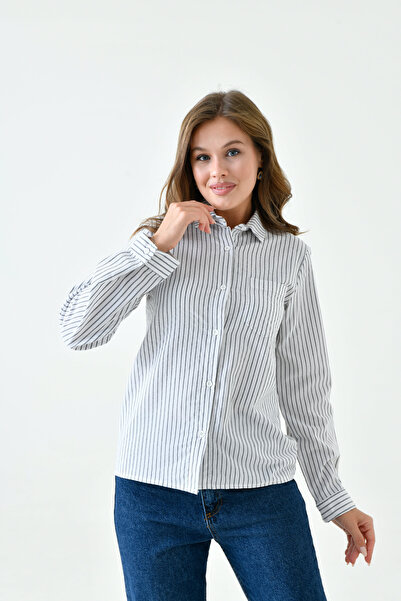 enmodaiçgiyim Cămașă de bază pentru femei cu dungi alb-negru cu buzunare