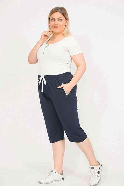 Şans Women's Navy Blue Large Size Side Pocket Tracksuit Capri 65n35869