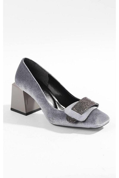 PARİS Women's Grey Velvet Classic Heeled Shoes