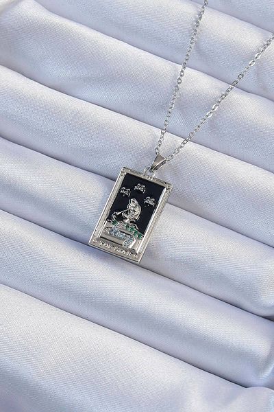 AfraBeauty 316L Steel Zircon Stone Tarot Necklace |   Girl Figured, Silver Color Black Enamel