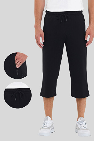 COMEOR Erkek Cepleri Fermuarlı Siyah Bermuda Diz Altı Kapri Beli Ayarlanabilir Lastikli Uzun Şort