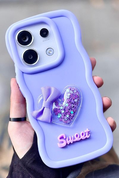 Vip Case حافظة Redmi Note 13 Pro 4G متوافقة مع شريط قلب ملون وتفاصيل فضية مموجة