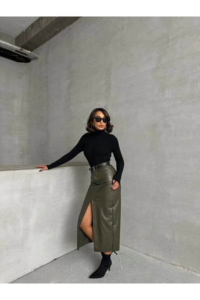 Ecenin Favorileri Khaki Faux Leather Front Slit Skirt