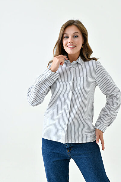 enmodaiçgiyim Cămașă de bază pentru femei cu dungi alb-negru cu buzunare