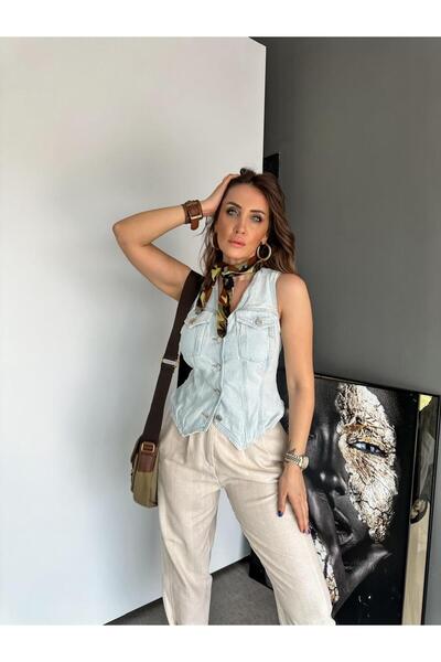 Zerrincan Giyim Açık Mavi Asimetrik Kesim Kot Yelek