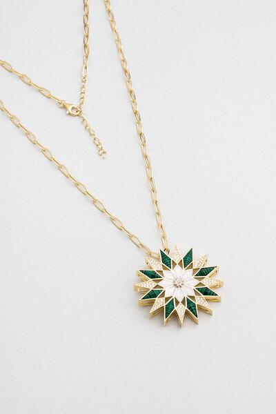 So CHIC... Malahit Çiçeği 18 Ayar Sarı Altın Kaplama 60 Cm Gümüş Tasarım Kolye