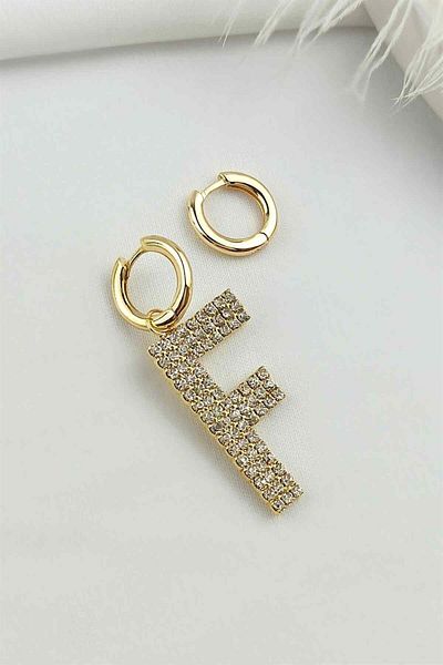 Çlk Accessories Large Stone Gold F Letter Earrings Taşlıküpef