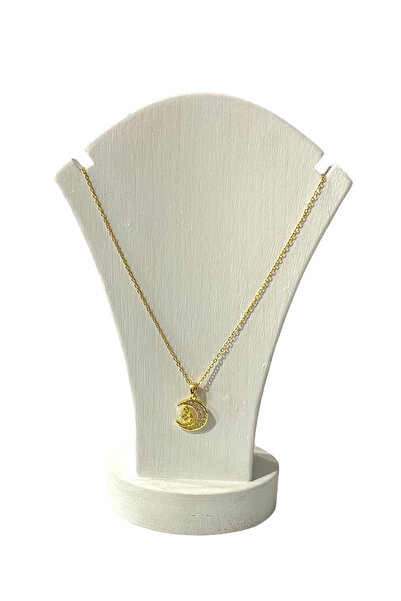 Cesicey Kadın Çelik Ayyıldızlı Beyaz Zirkon Taşlı Altın Renk Kolye