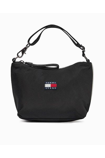 Tommy Hilfiger Women's Leather Brand Logo Zippered Daily Use Black Shoulder Bag AW0AW15823-BDS