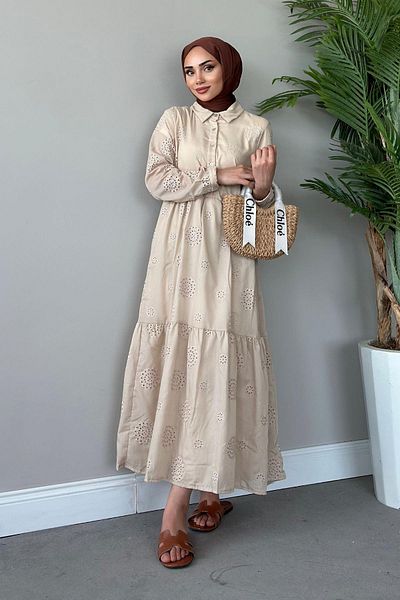HAZA MODA Beige Guipure Dress
