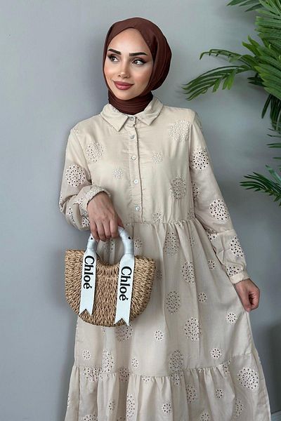 HAZA MODA Beige Guipure Dress