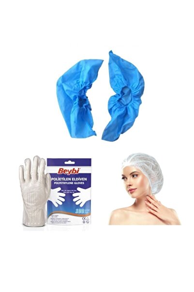 KFMEDİKAL Tela Galoş Mavi 1000'li Paket + Pet Eldiven 100'lü + Bone 52 Cm Çift Lastik 100'lü Set