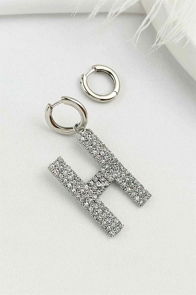 Çlk Accessories Big Stone Silver H Letter Earrings Taşlıküpeh