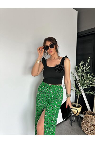 Zerrincan Giyim تفاصيل الكتف مكشكش أسود تريكو المحاصيل الأعلى