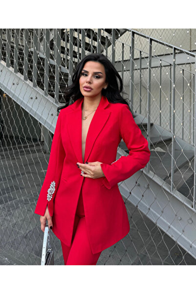 pembekurdelem Red Women's Set - Stone Detailed Jacket and Trousers