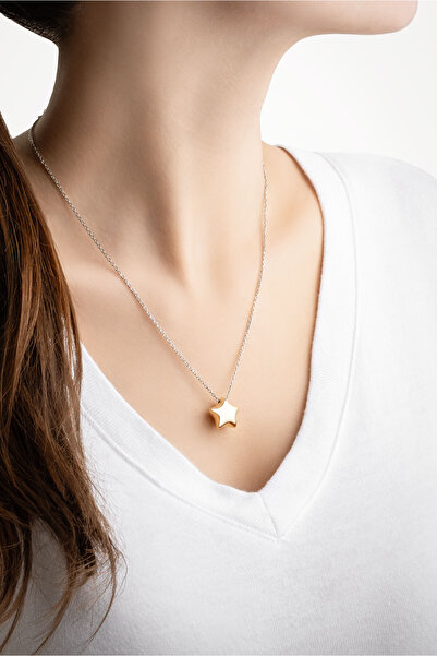 So CHIC... Wonderland 18 Ayar Sarı ve Beyaz Altın Kaplama 45 Cm Gümüş Yıldız Kolye