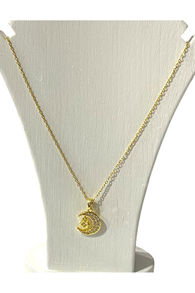 Cesicey Kadın Çelik Ayyıldızlı Beyaz Zirkon Taşlı Altın Renk Kolye