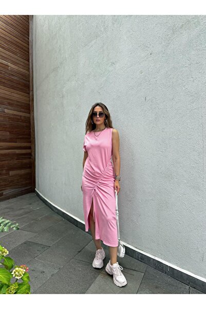 Zerrincan Giyim Pembe Tek Omuz Büzgülü Elbise