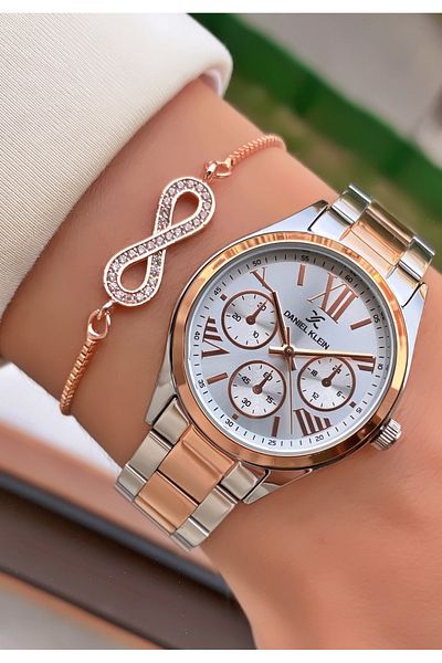Daniel Klein Brand Rose Silver Color Modern Women's Wristwatch - Bracelet Gift
