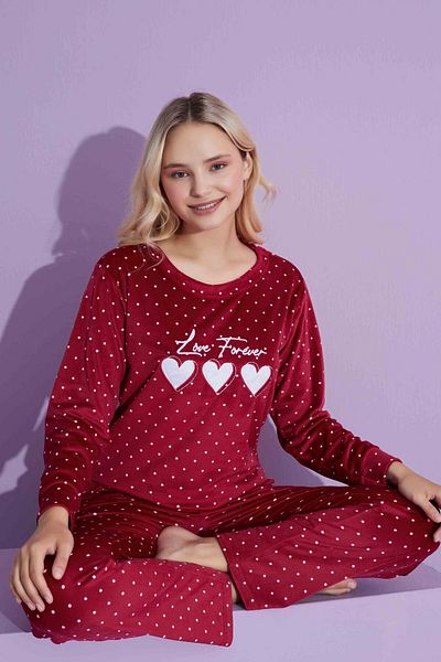 Mina Style Mother Girl Red Polka Dot Heart Embroidered French Velvet Pajama Set