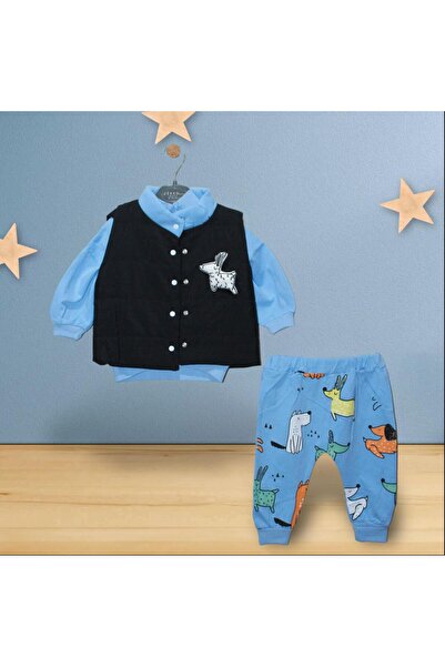 Jikko Baby Yelekli 3'lü Erkek Bebek Takımı - 6 12 18 Aylık Hardal Turuncu Mavi