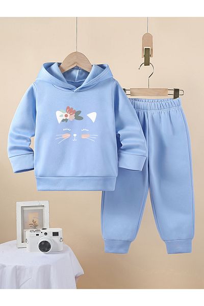 Let's Wear Cat Girl Premium pentru copii 3 Set de hanorac și pantaloni de trening compact din fire - Set sport din 2 piese