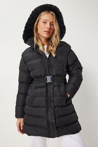 Lovelyİstanbul Black Puffer Jacket with Fur Hood and Belt - Law0001