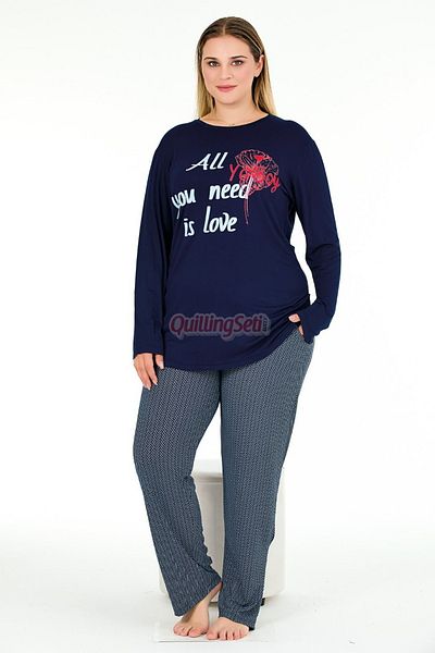 quilling Navy Blue Color Patterned Lady 11396 Women's Long Sleeve Plus Size Combed Cotton Pajama Set