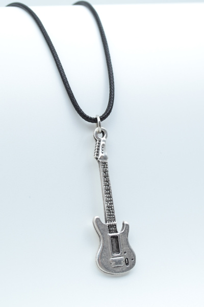 Elektro Gitar Gümüş Kaplama Unisex Deri İp Kolye kod 523