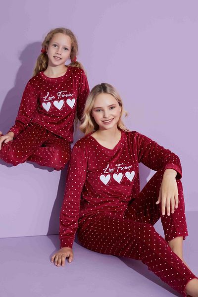 Mina Style Mother Girl Red Polka Dot Heart Embroidered French Velvet Pajama Set