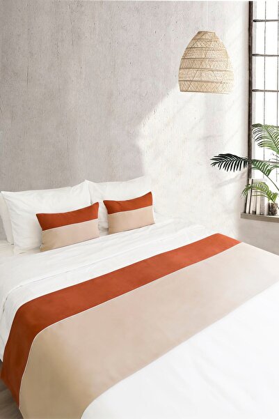 RİTMOHOME Bed Runner & Inner Filled Throw Pillow Set Double Cinnamon, Tile, Cream, Dowry, Bed Cover