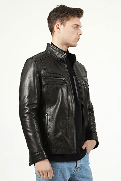 Dericlub Orlando Erkek Jumbo Slimfit Gerçek Deri Mont Siyah