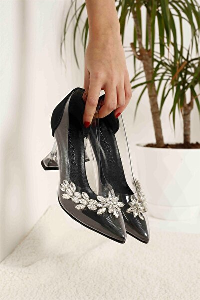 Ccway Women's Stoned Transparent Heeled Shoes Black Satin
