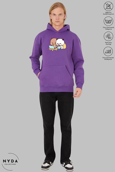 Nyda Collections Памучен суичър с качулка Oversize унисекс - дълъг ръкав, суичър с качулка и щампи