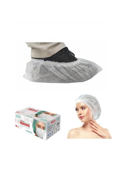 KFMEDİKAL Tela Galoş Beyaz 1000'li Paket + Soly Maske Beyaz 50'li + Bone 52 Cm Çift Lastik 100'lü Set