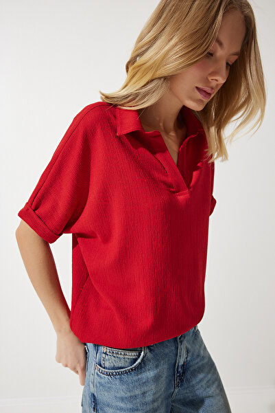 Lovelyİstanbul Red Polo Neck Knitted Crinkle Blouse