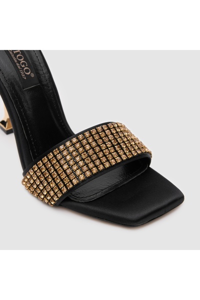 TOGO Siyah Saten Gold Kadın Abiye Terlik [060238]