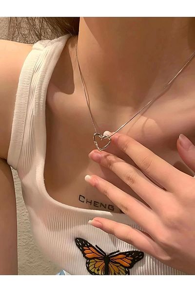 Eylülün Takısı Silver Colored Heart Patterned Women's Necklaces -PinterestStyle