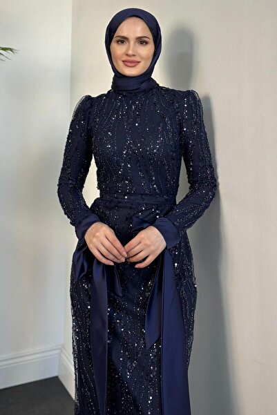 KaSheHa Темно-сині вечірні сукні з мереживними рукавами з блискітками Eylul з мішкуватими рукавами