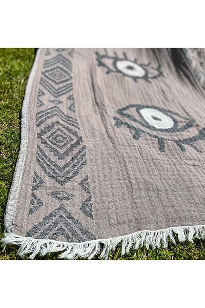 Bidoluraf 90x180 Double Sided Muslin Eye Patterned Loincloth - Rug Motif Beach Towel, Brown