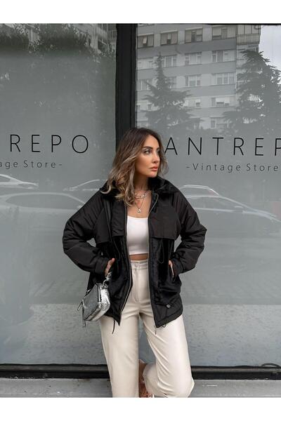 Zerrincan Giyim Siyah Kürklü Büzgülü Mont