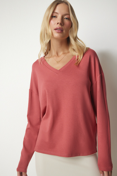 Lovelyİstanbul V Yaka Triko Bluz GÜL KURUSU LUB0047