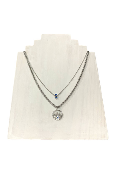 Generic Brand 316l Steel Eye Evil Eye Beaded Double Chain Silver Color Necklace