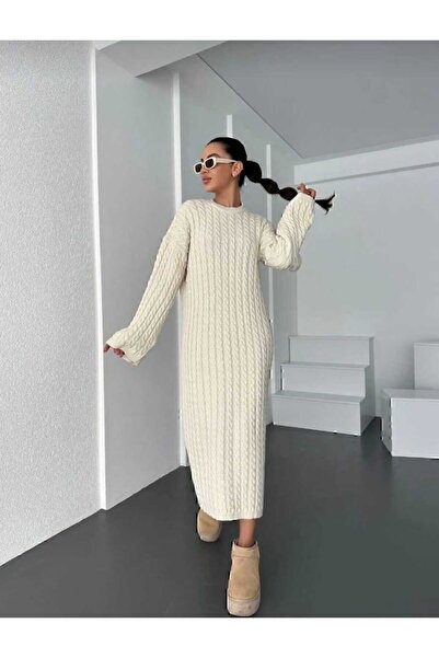 KUPAKIZI Krem Renk Oversize Model Triko Elbise