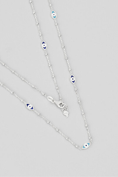 So CHIC... Nazar Figürlü 18 Ayar Beyaz Altın Kaplama 45 Cm Gümüş Kolye