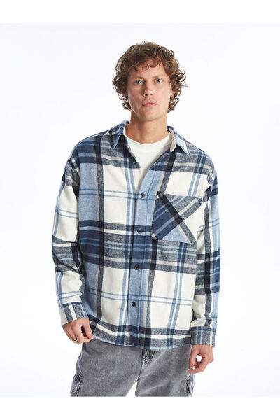 LC Waikiki Jachetă cămașă pentru bărbați, în carouri, cu mânecă lungă, albastră