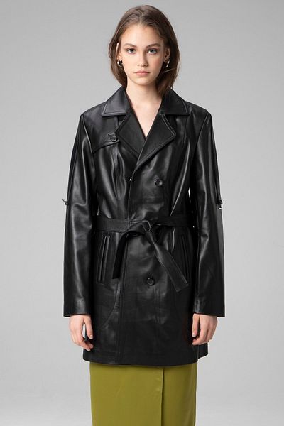Dericlub Cosmos Black Women's Trench Coat - Buttoned, Genuine Leather, Double Breasted Collar
