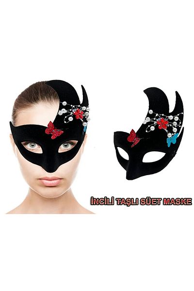 Wovna Black Color Pearl and Stoned Suede Coated Venetian Party Mask 20x22 Cm
