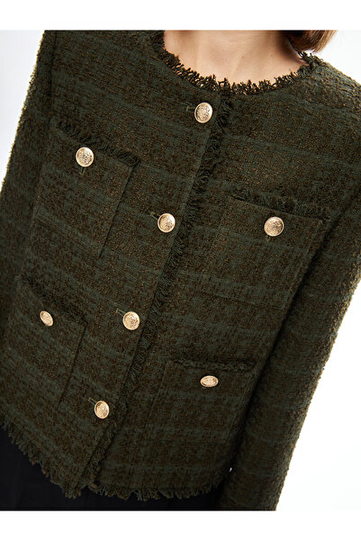 LC Waikiki Khaki Crew Neck Women's Tweed Jacket