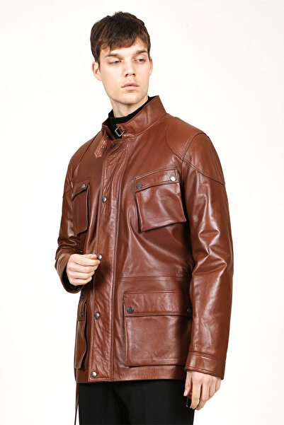 Dericlub Lincoln Erkek Dik Yaka Kemerli Hakiki Deri Trençkot Viski